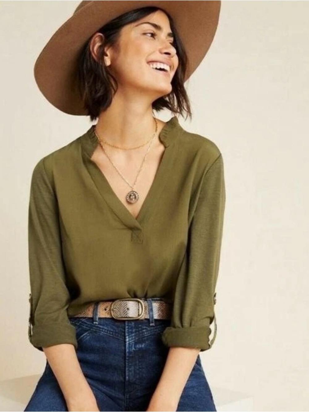 NWT Anthropologie PORRIDGE Aidan Boston Terrier Dog Print Olive Roll Sleeve Top